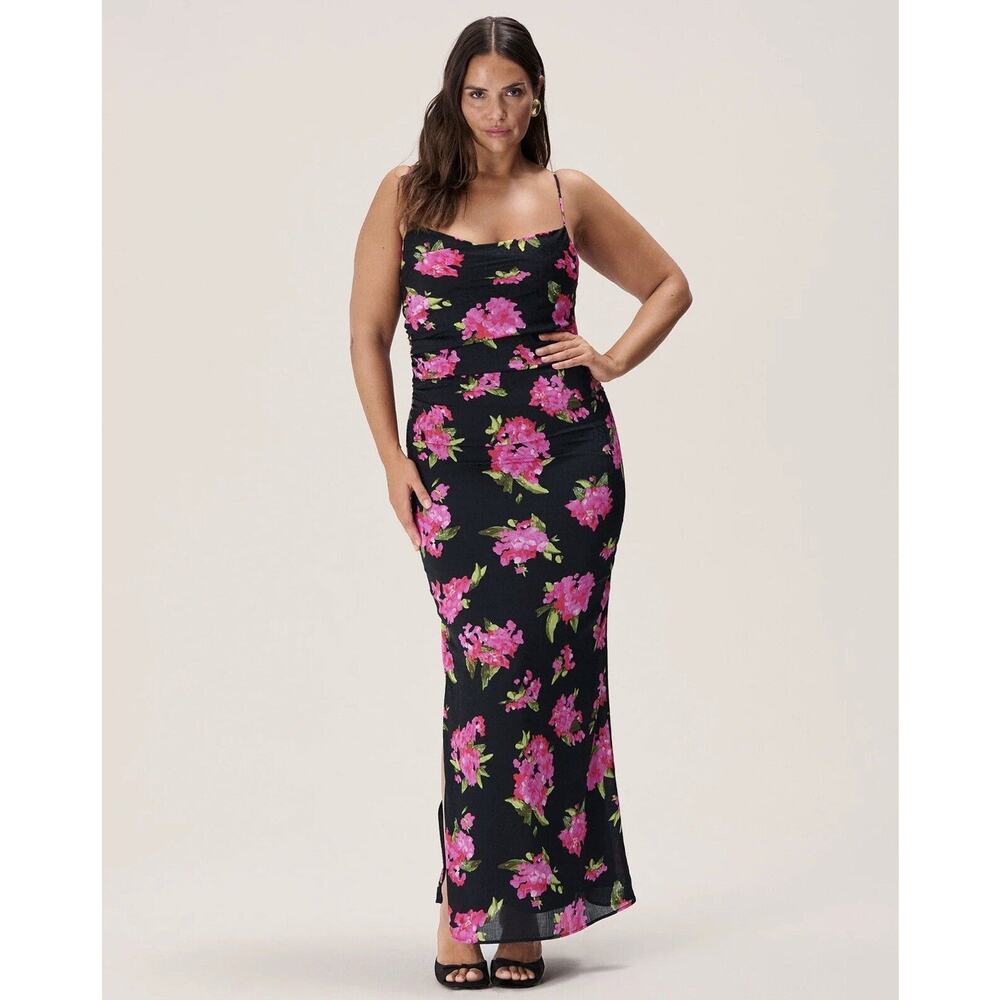 Adoore Vienna Open Back Midi Dress Pink Black Floral Print Size 14